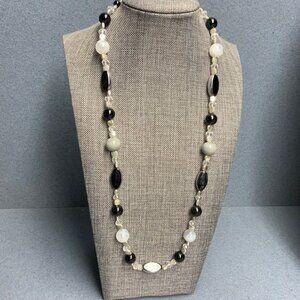 Beaded Frosty Clear Necklace 24 In Glass Black White Gunmetal Silver Marbled